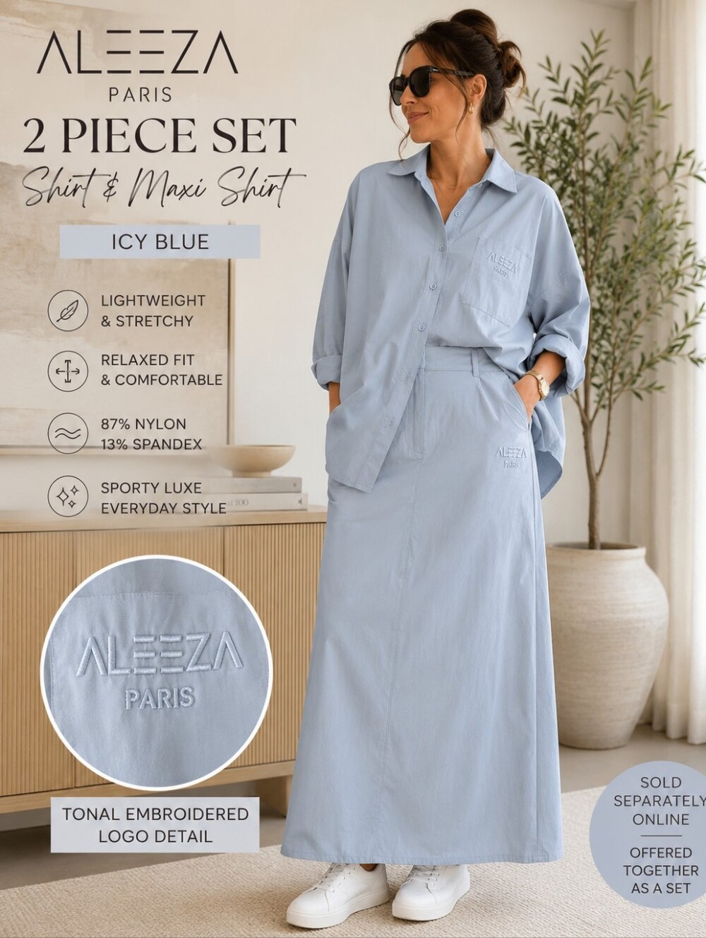 Aleeza Paris Blue 2 Piece Stretch Shirt & Maxi Skirt Set M/L